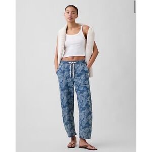 Gap Supersoft Mid Rise Floral Print Pull-On Barrel Baggy Jeans Blue Sz Small